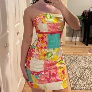 Strapless Patchwork Floral Midi Dress - Multicolor